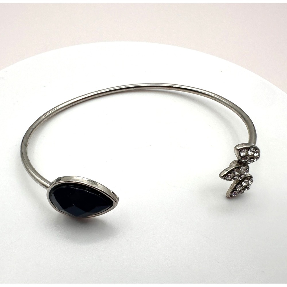 Vintage 90s Silver Tone Bangle Bracelet Black Pear Stone Clear Glass Floral